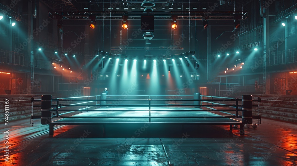 Boxing ring centers the arena, spotlighted and primed for the bout