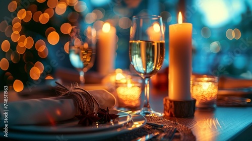 Illustrate the warmth and texture of a candlelit dinner, as macro bokeh brings the scene to life