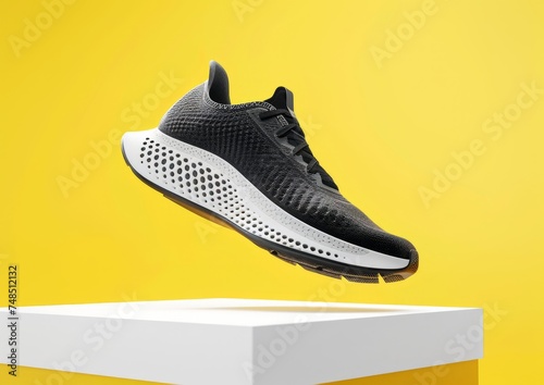 Running shoes black white color on white podium stage display with yellow background