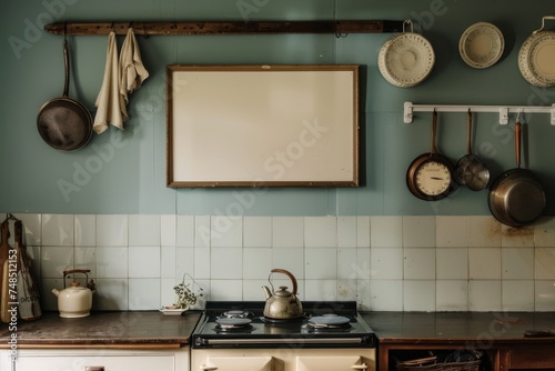 charming kitchen setting with a green cabinet and hanging copper pots, a wooden countertop under a blank canvas, and an assortment of wooden spoons in a container