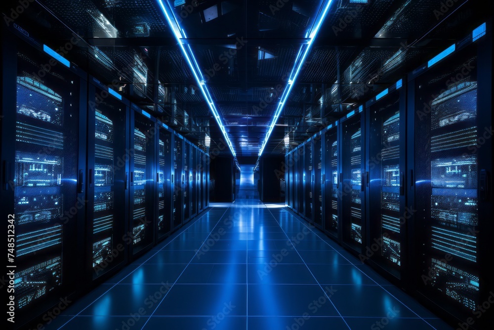 Server racks in computer network security server room data center