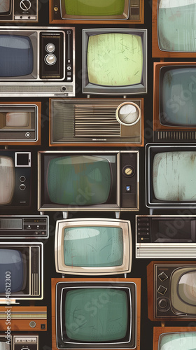 Background of old vintage style CRT television sets and monitors