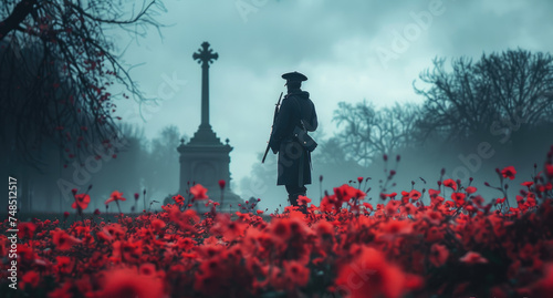 Remembrance Day, War memorial silhouette evokes reverence and honor
