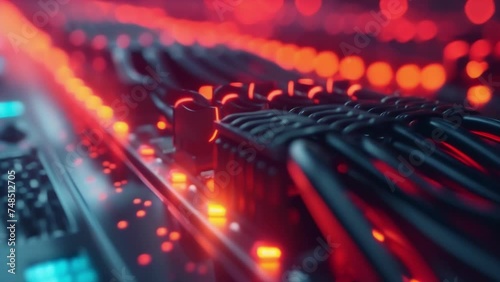 A detailed shot of a firewall device with flashing lights and intricate wires symbolizing its crucial role in protecting the network from potential threats and intrusions. photo