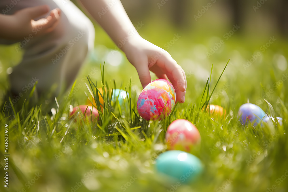 Fototapeta premium Close up of child's hands picking up colorful Easter egg from grass during Easter egg hunt event