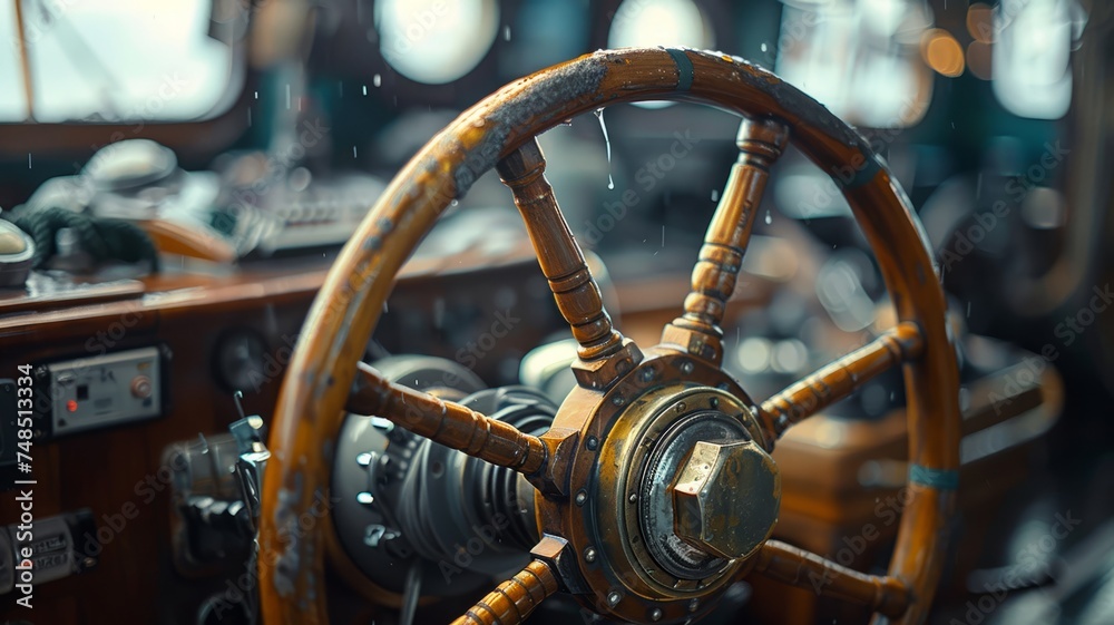 Classic nautical steering amid high-tech marine equipment