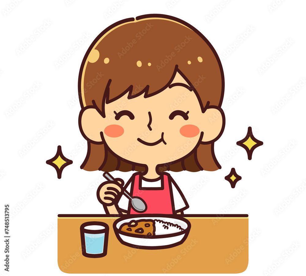 笑顔でカレーを食べる女の子　イラスト素材