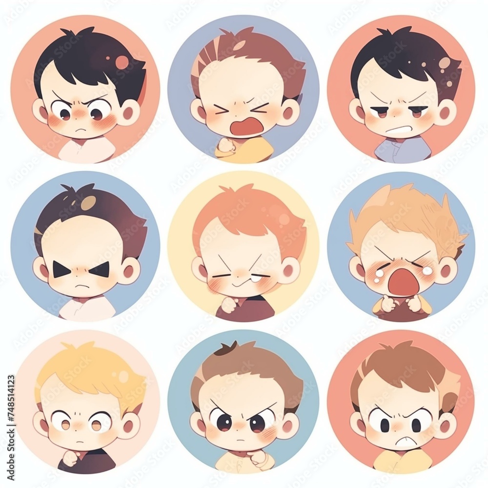 Set of Cute Cartoon Toddler Emotions and Facial Expressions on Colorful Background Set of Cute Cartoon Toddler Emotions and Facial Expressions on Colorful Background