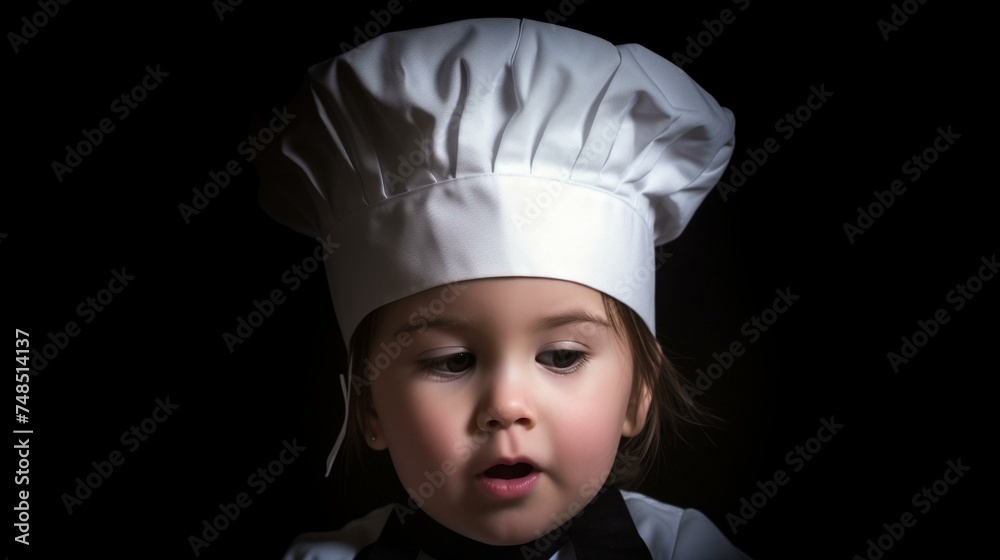 Adorable Child in Chef Hat Posing with Culinary Inspiration on Black Background Adorable Child in Chef Hat Posing with Culinary Inspiration on Black Background