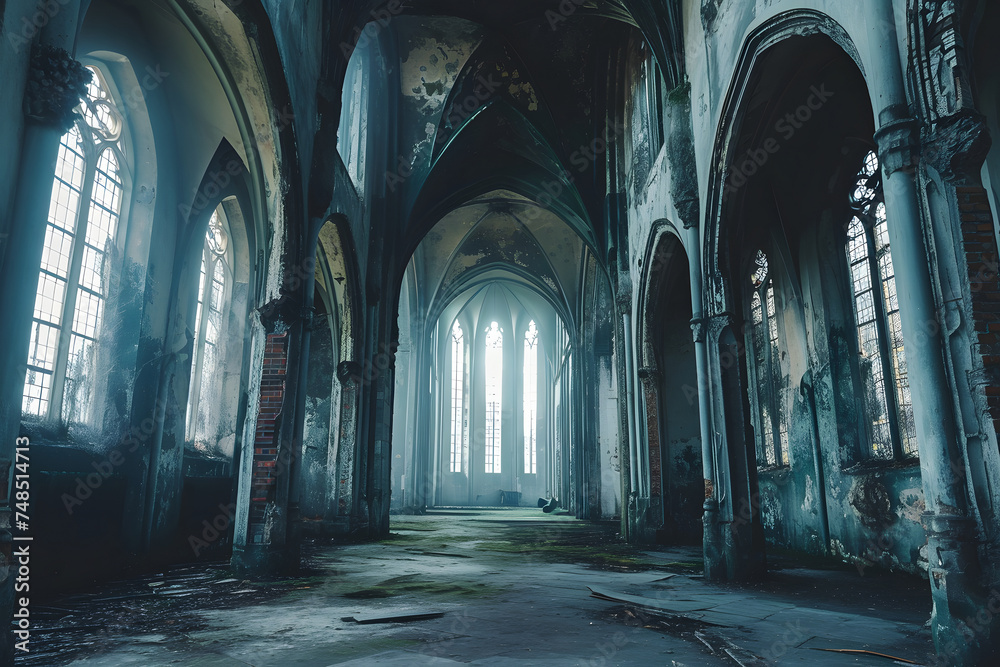 Dark gothic abandoned ancient chapel hall interior with tall windows and columns, foggy and empty. Neural network generated in January 2024. Not based on any actual scene or pattern.