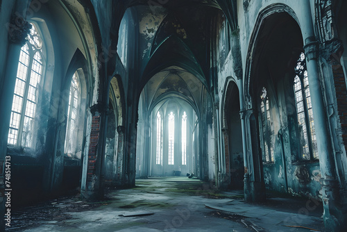 Dark gothic abandoned ancient chapel hall interior with tall windows and columns  foggy and empty. Neural network generated in January 2024. Not based on any actual scene or pattern.