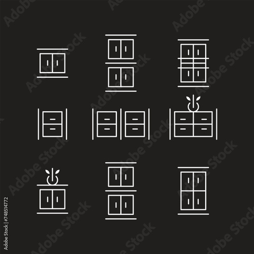 Kitchen cabinets set mockup. Vector furniture for design interior. Cabinetry, cupboard, bookshelf and shelves mounted on wall. Isolated home workspace equipment