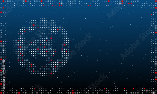 On the left is the roundabout symbol filled with white dots. Pointillism style. Abstract futuristic frame of dots and circles. Some dots is red. Vector illustration on blue background with stars