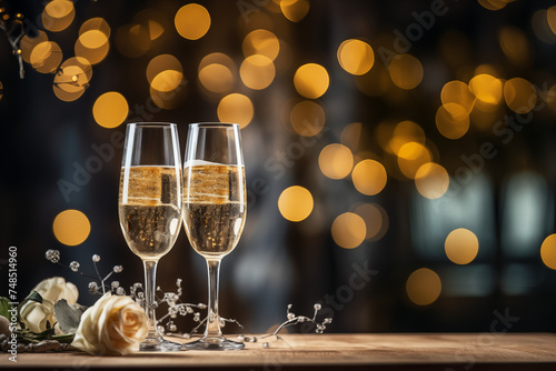 Célébration mariage ou anniversaire : bouquet de fleurs, décoration guirlande lumineuse et deux coupes de champagne sur la table avec paillettes, fond festif scintillant 