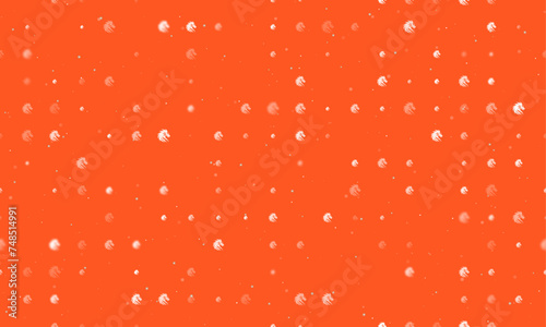 Seamless background pattern of evenly spaced white dragon's head symbols of different sizes and opacity. Vector illustration on deep orange background with stars