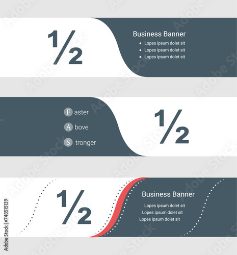 Set of blue grey banner, horizontal business banner templates. Banners with template for text and half fraction symbol. Classic and modern style. Vector illustration on grey background