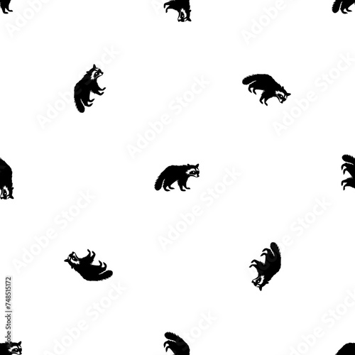 Seamless pattern of repeated black raccoon symbols. Elements are evenly spaced and some are rotated. Illustration on transparent background