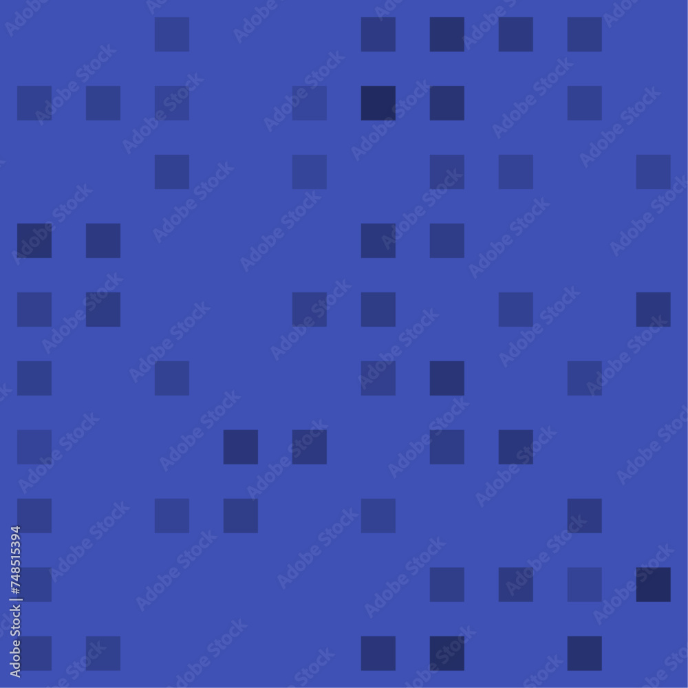 Abstract seamless geometric pattern. Mosaic background of black squares. Evenly spaced big shapes of different color. Vector illustration on indigo background
