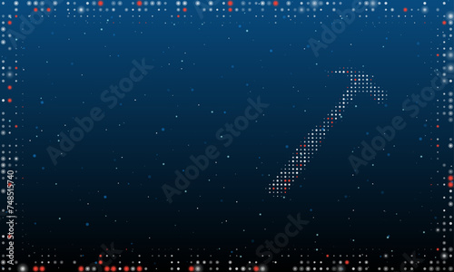 On the right is the hammer symbol filled with white dots. Pointillism style. Abstract futuristic frame of dots and circles. Some dots is red. Vector illustration on blue background with stars