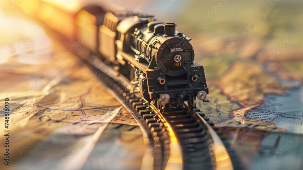 Train model on map , rail transportation or train journey concept image with copy space - obrazy, fototapety, plakaty 