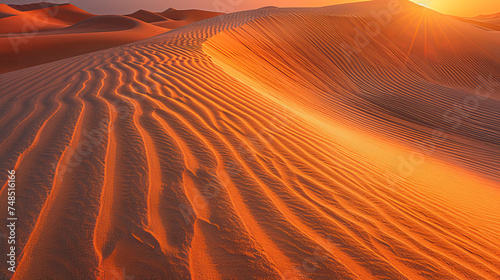 Sunrise over sand dunes in desert background with copy space © Keitma