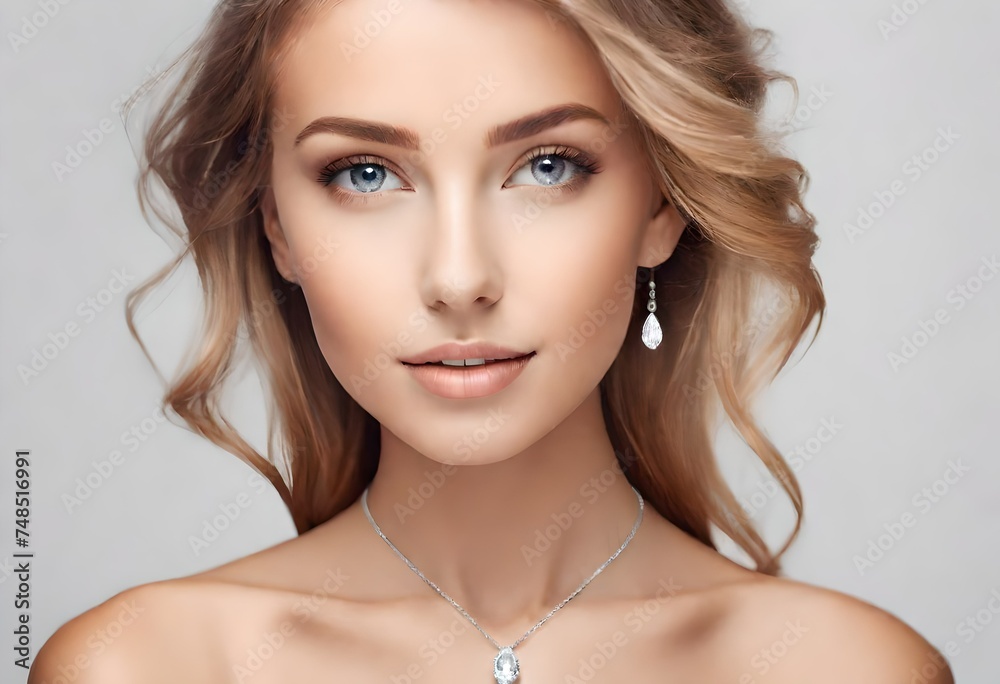 beauty, people and jewelry concept - beautiful young woman wearing shiny diamond pendant. AI generative