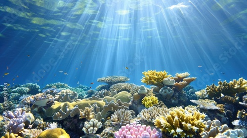 A vibrant coral reef bathed in sunlight with beams piercing the clear blue water, showcasing a diverse marine ecosystem