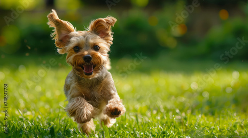 A cute, healthy, small breed dog running happily on the green grass. Bright afternoon sunlight.