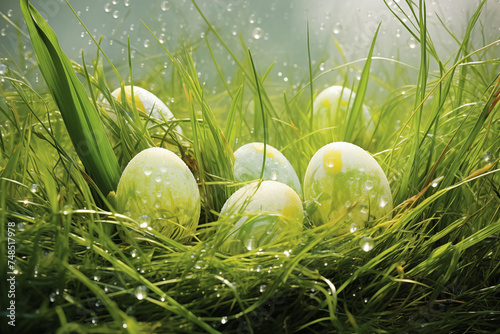 œufs de Pâques colorés à l'encre, dans les tons verts, dans l'herbe le matin avec de la rosée dessus. Chasse aux œufs en chocolat à Pâques.