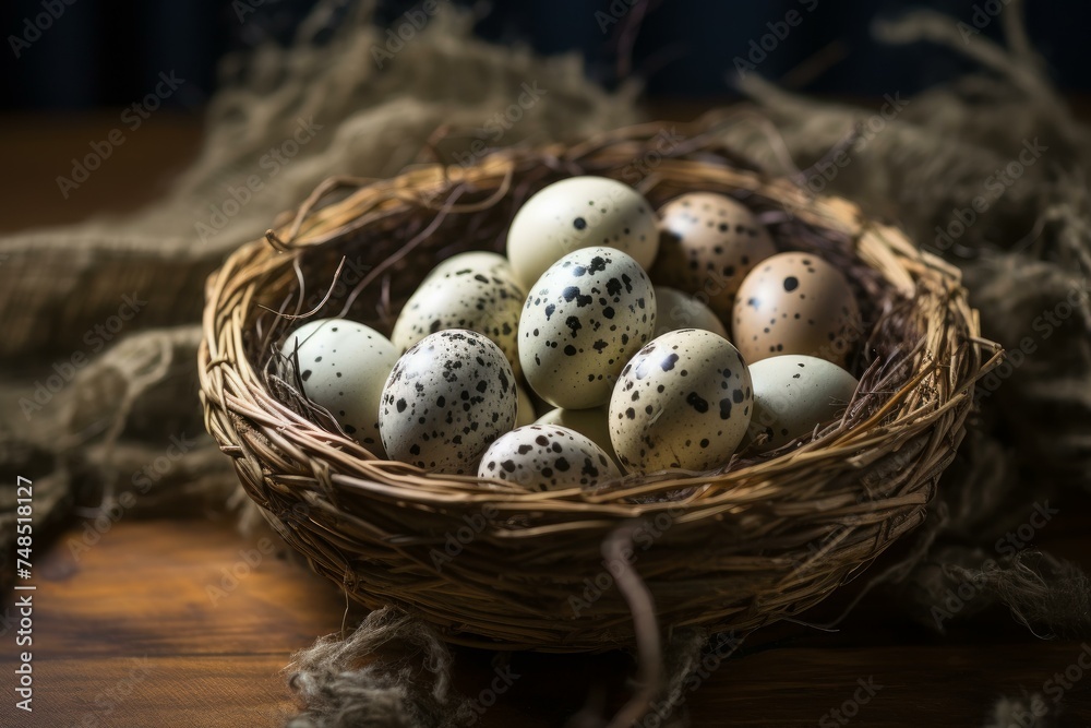 Delicate Quail eggs nest. Multicolored small and round objects with spots table. Generate AI