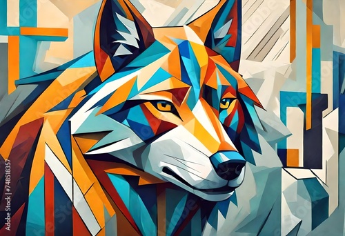 a cubist style, art deco, abstract painting of a wolf canine. Bright colors.