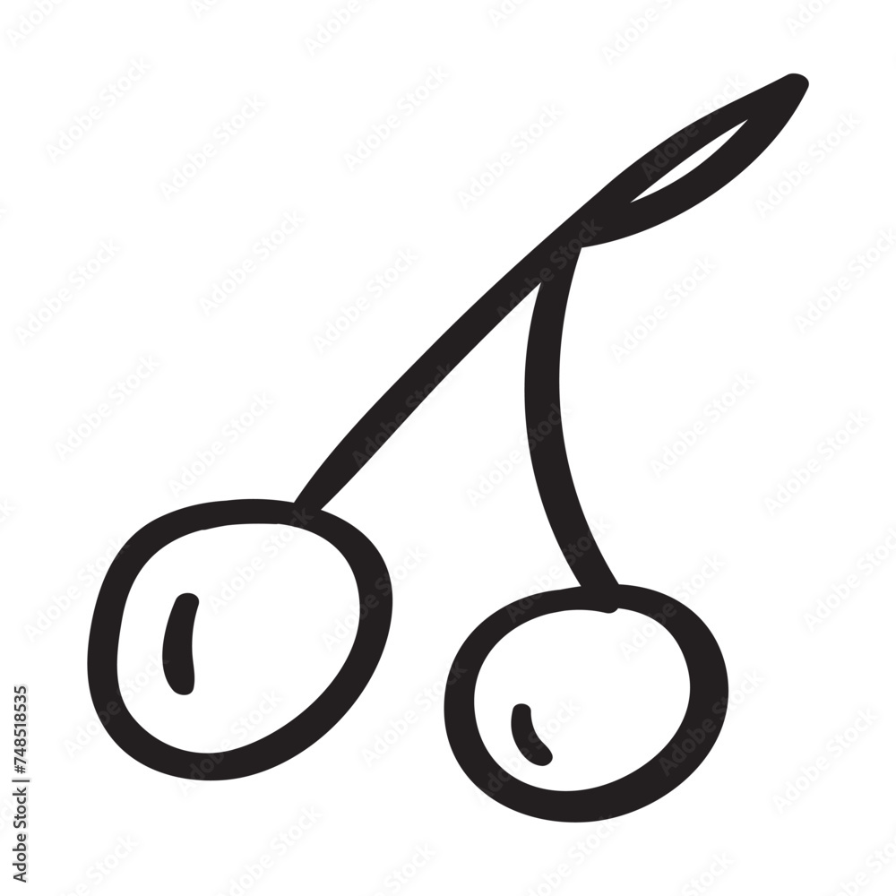 Cherry. Outline icon. Hand drawn simple illustration on white background. Black color.
