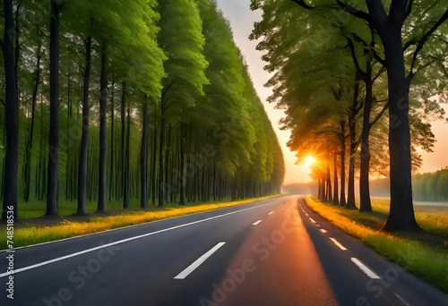 Empty asphalt road and green woods at sunset. Generative ai