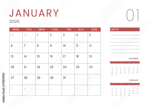 Monthly page Calendar Planner Templates of January 2025. Vector layout of simple calendar with week start Monday for print. Page for size A4 or 21x29.7 cm