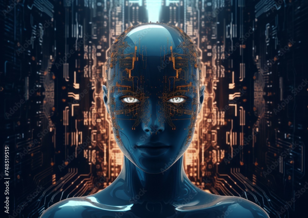 Human with digital circuitry pattern overlaying the head and body ...