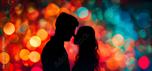 Silhouette of a couple with a colorful bokeh background. Neural network generated image. Not based on any actual person or scene.