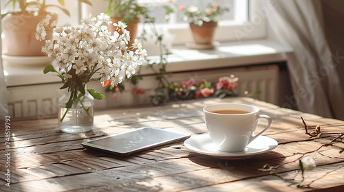 Morning tea time with a fresh cup of tea, an e-book reader, and a vase of white blossoms on a rustic wooden table with sunlight streaming through the window