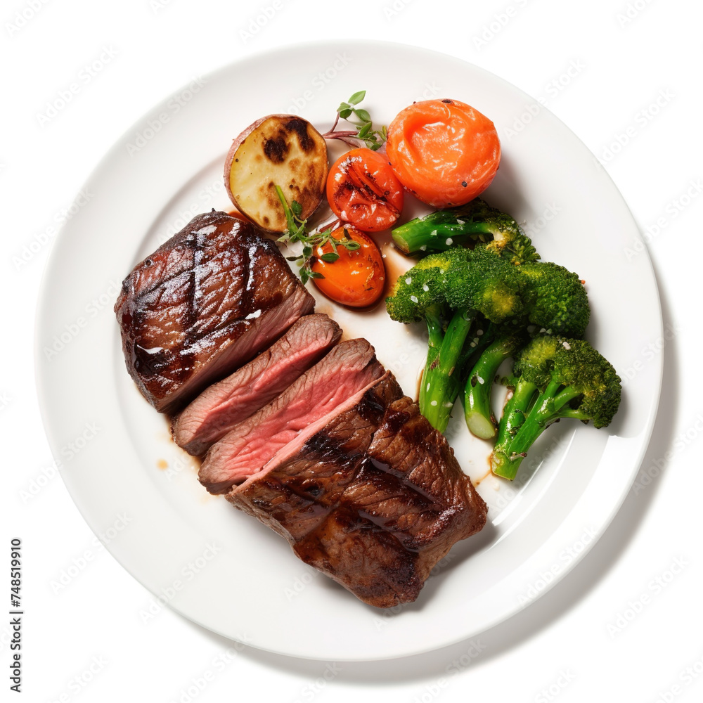 A gourmet plate with delicious looking beef and a side of vegetables and sauce. White isolated. A gourmet plate with delicious looking beef and a side of vegetables and sauce. White isolated.