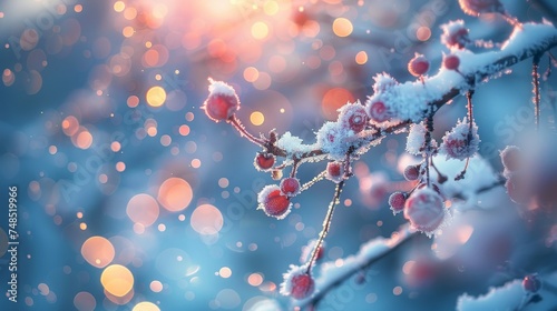 Depict the silent beauty of a winter landscape with nature bokeh, where light whispers through fros photo