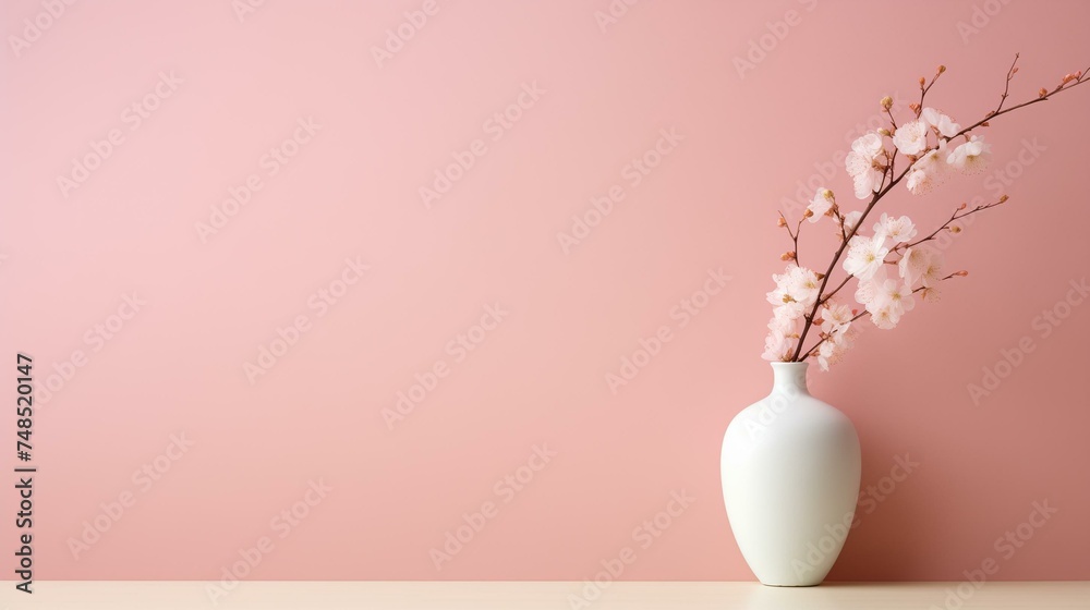 Elegant Pink Cherry Blossoms in Minimalist White Vase on Pastel Background - obrazy, fototapety, plakaty 
