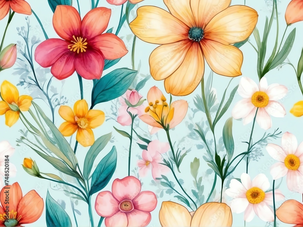 Pastel colorful flowers light watercolor design background in seamless repeating pattern from Generative AI