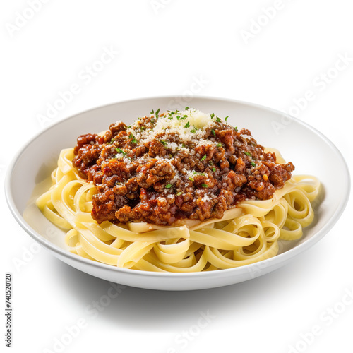 Appetizing plate of spaghetti Bolognese. White isolated.