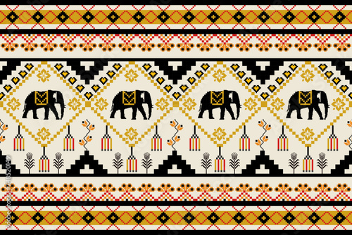 Pattern pixel style Colorful traditional folk art pattern featuring elephants and floral motifs Back yellow Glod Red color, Pixel  style design fabric, wallpaper, clothing Ethnic Thai traditional