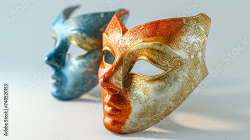 Masquerade masks close up in different colors on a white background, drama theatre and opera concept.