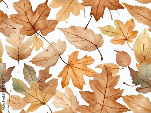 Pastel brown autumn leaves light watercolor design background in seamless repeating pattern from Generative AI