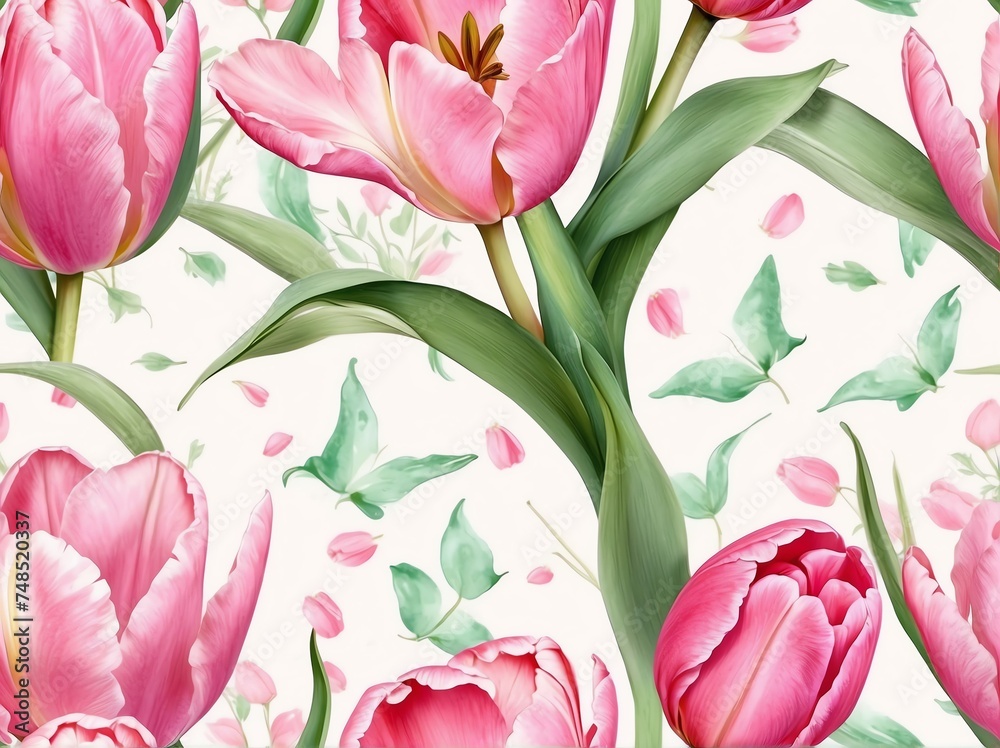 Pastel pink tulips light watercolor design background in seamless repeating pattern from Generative AI