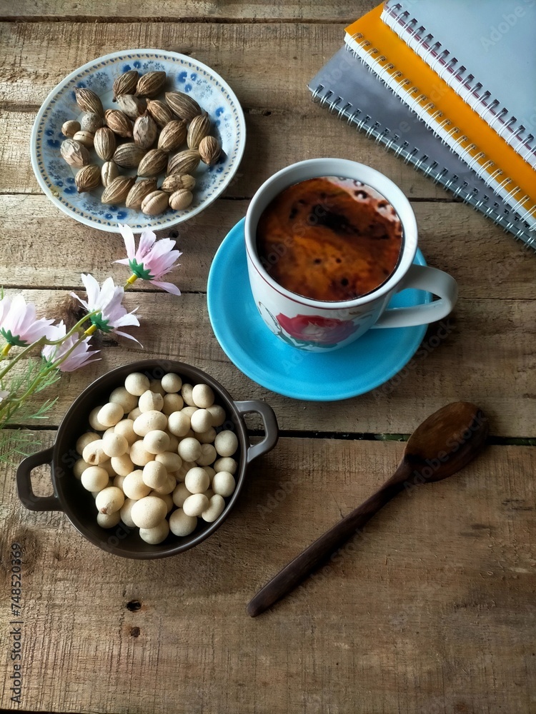 coffee and beans on the table coffee and beans on the table