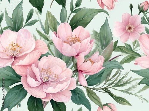 Pastel pink flowers light watercolor design background in seamless repeating pattern from Generative AI © Arceli