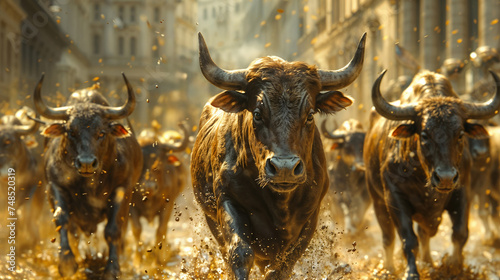 Herd of Bulls Charging Through Wall Street Symbolizing Bull Market and Bitcoin Surge