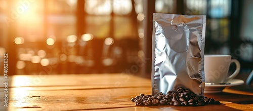 Mockup blank silver foil coffee pouch at cafe, copy space background photo